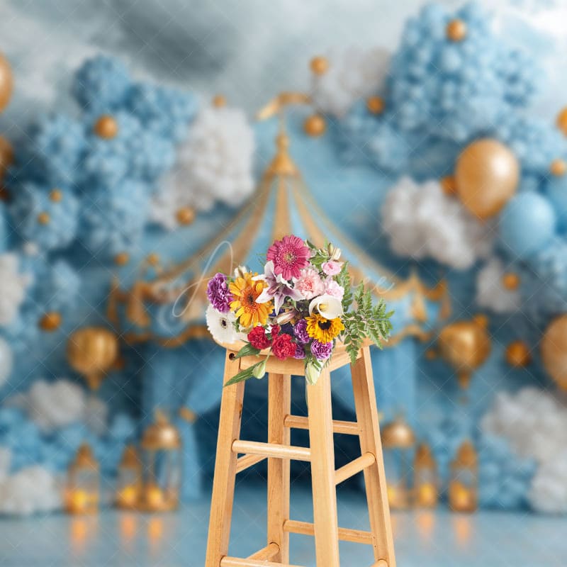 Aperturee - Aperturee Blue White Balloons Circus Tent Cake Smash Backdrop