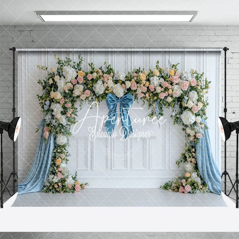 Aperturee - Aperturee Blue White Elegant Ribbon Spring Photography Backdrop