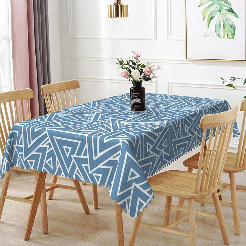 Aperturee - Aperturee Blue White Geometric Triangle Rectangle Tablecloth Modern Abstract Dining Table Cover for Event