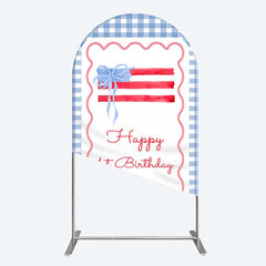 Aperturee Aperturee Blue White Plaid Bow Happy 1st Birthday Arch Backdrop