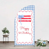 Aperturee Aperturee Blue White Plaid Bow Happy 1st Birthday Half Moon Arch Backdrop