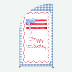 Aperturee Aperturee Blue White Plaid Bow Happy 1st Birthday Half Moon Arch Backdrop