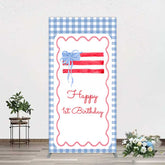 Aperturee Aperturee Blue White Plaid Bow Happy 1st Birthday Rectangle Backdrop