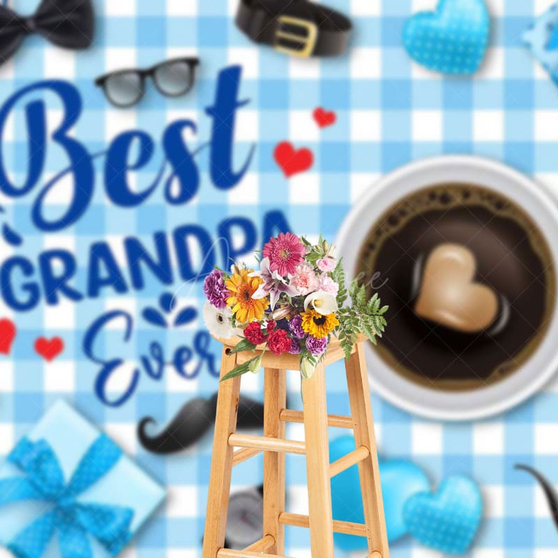 Aperturee - Aperturee Blue White Plaid Coffee Best Grandpa Ever Backdrop