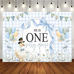 Aperturee - Aperturee Blue White Plaid One Silly Goose Birthday Backdrop