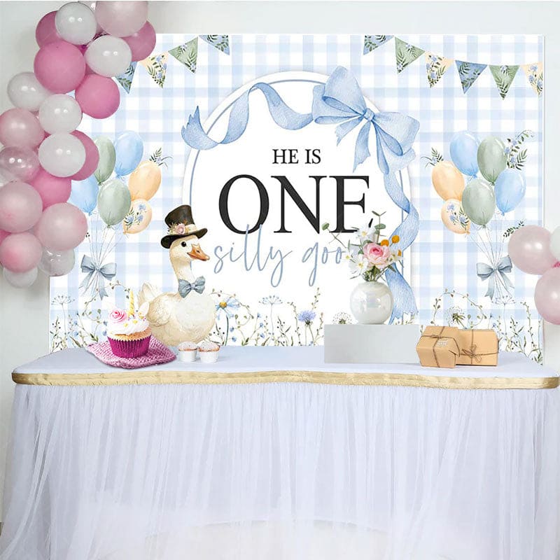 Aperturee - Aperturee Blue White Plaid One Silly Goose Birthday Backdrop