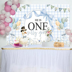 Aperturee - Aperturee Blue White Plaid One Silly Goose Birthday Backdrop