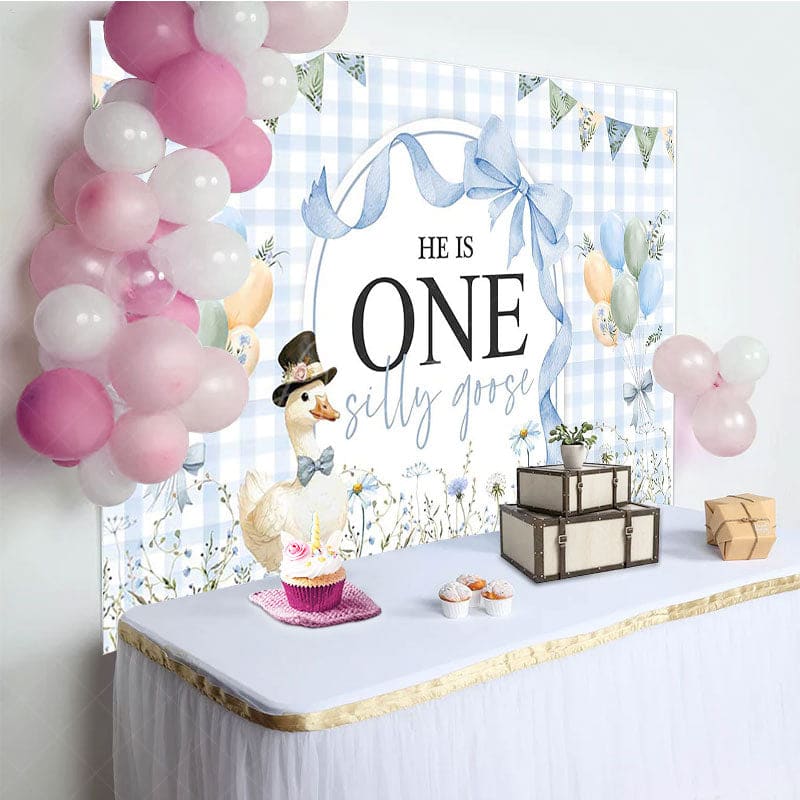 Aperturee - Aperturee Blue White Plaid One Silly Goose Birthday Backdrop