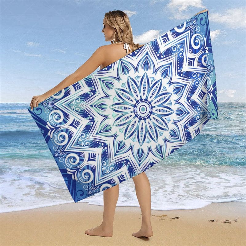 Aperturee - Aperturee Blue White Porcelain Floral Custom Name Beach Towel