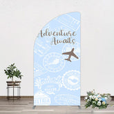 Aperturee - Aperturee Blue White Postmark Adventure Awaits Half Moon Arch Backdrop