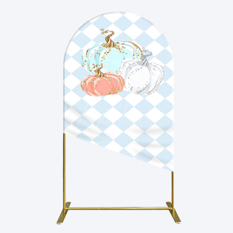 Aperturee - Aperturee Blue White Rhombus Pumpkins Birthday Arch Backdrop