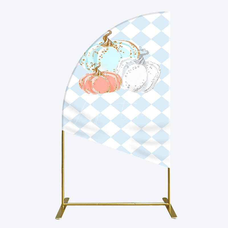 Aperturee - Aperturee Blue White Rhombus Pumpkins Birthday Half Moon Arch Backdrop