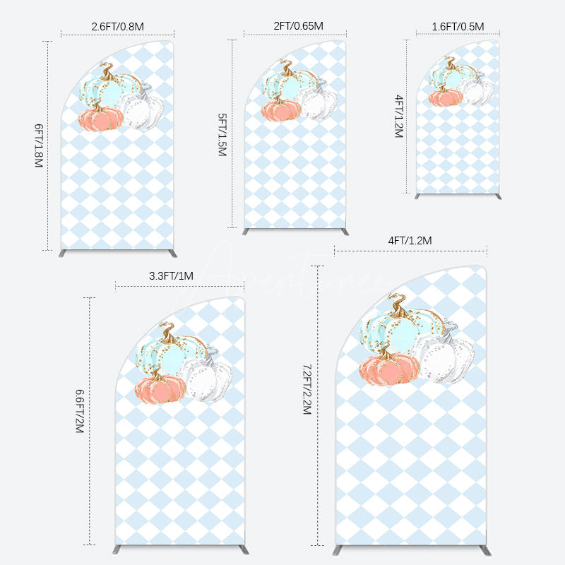 Aperturee - Aperturee Blue White Rhombus Pumpkins Birthday Half Moon Arch Backdrop