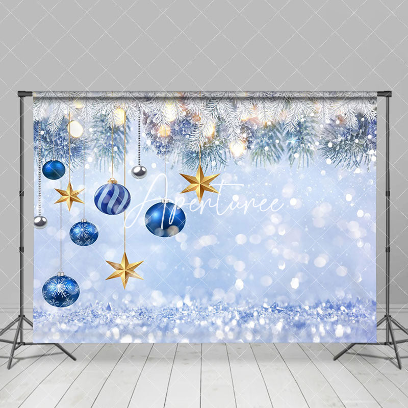 Aperturee - Aperturee Blue White Snowy Bells Star Bokeh Christmas Backdrop