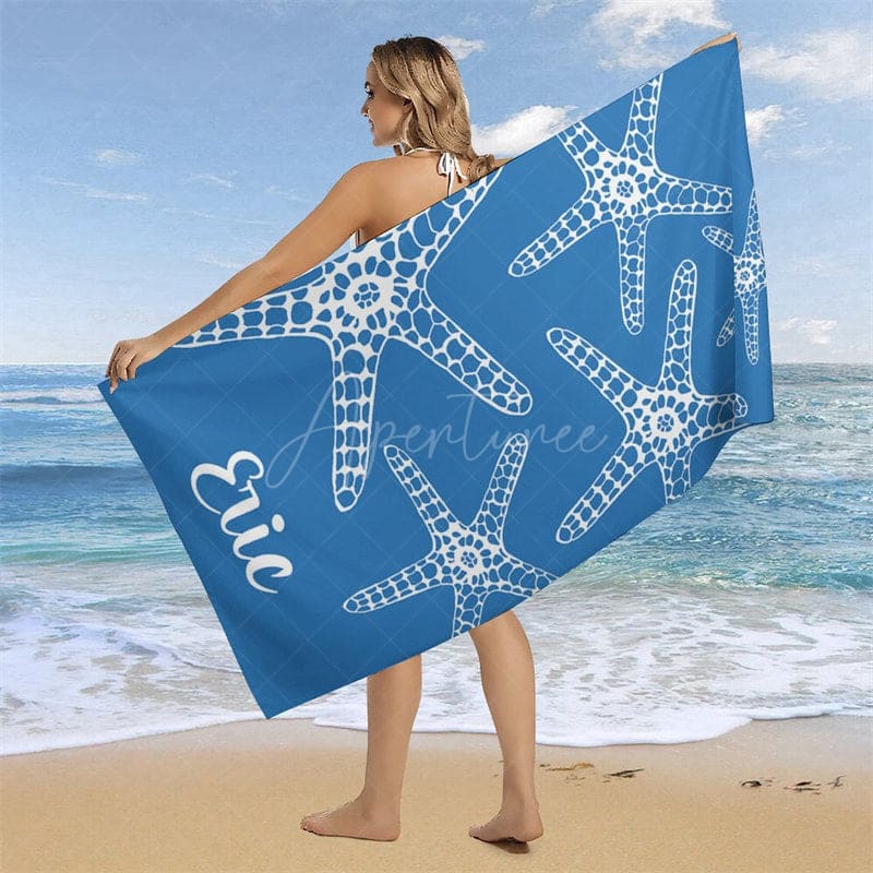 Aperturee - Aperturee Blue White Stars Summer Custom Name Beach Towel