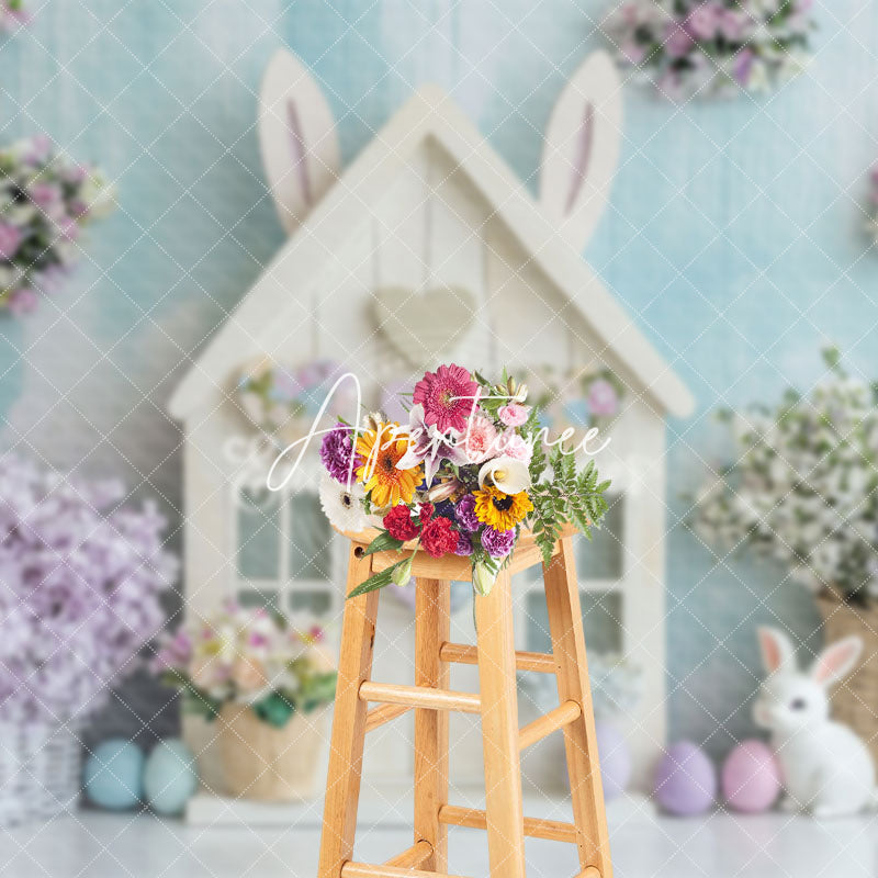 Aperturee - Aperturee Blue White Wall Bunny Hutch Floral Easter Backdrop