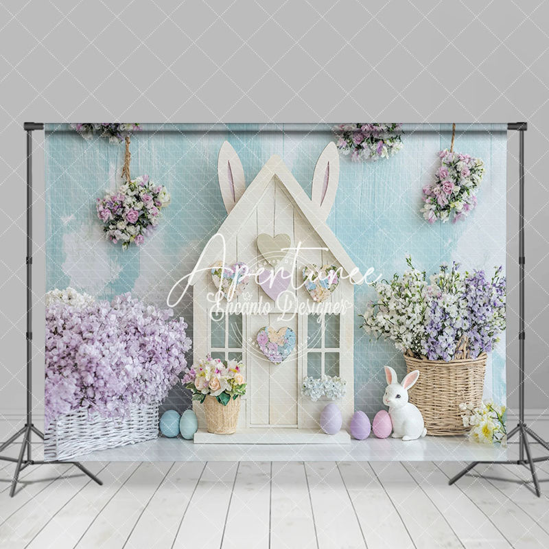 Aperturee - Aperturee Blue White Wall Bunny Hutch Floral Easter Backdrop