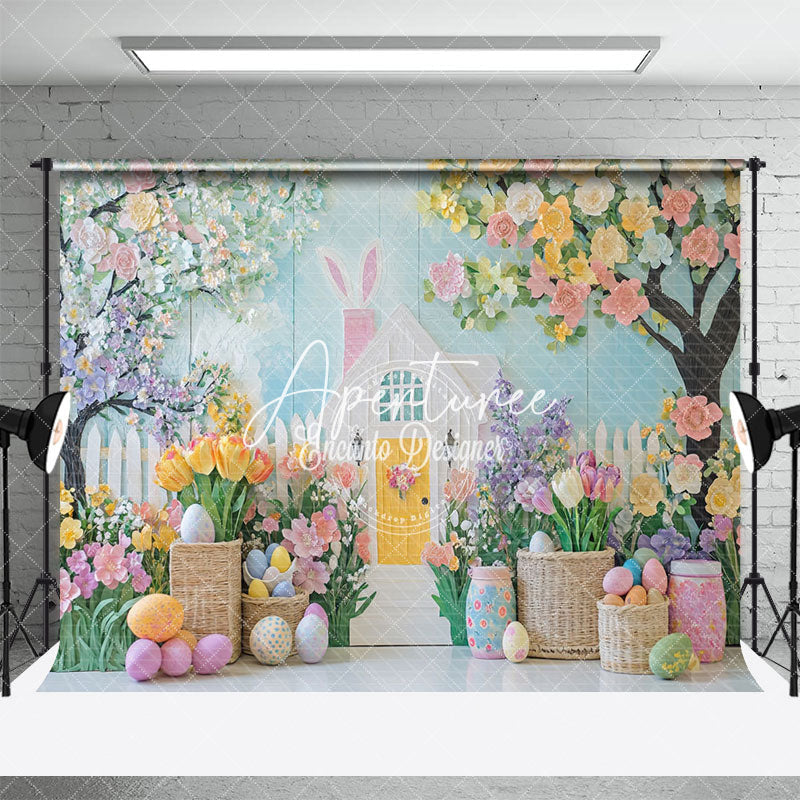 Aperturee - Aperturee Blue White Wall Colorful Floral Trees Easter Backdrop
