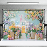 Aperturee - Aperturee Blue White Wall Colorful Floral Trees Easter Backdrop