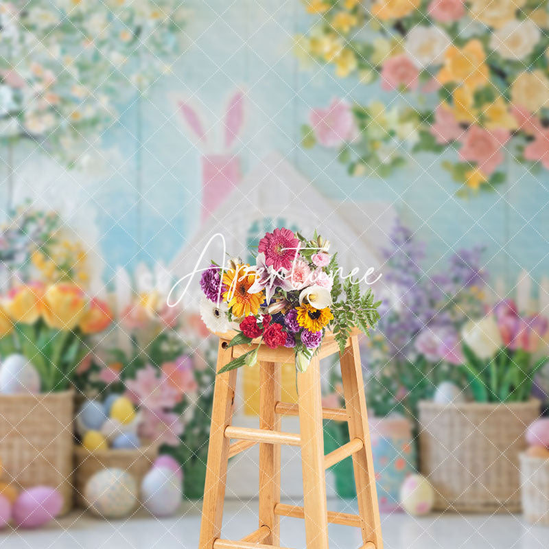 Aperturee - Aperturee Blue White Wall Colorful Floral Trees Easter Backdrop