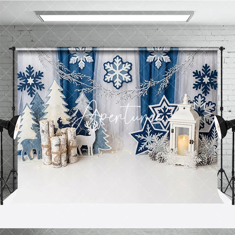 Aperturee - Aperturee Blue White Winter Wonderland Photography Backdrop Snowflakes Christmas Trees and Lantern for Festive Holiday Party