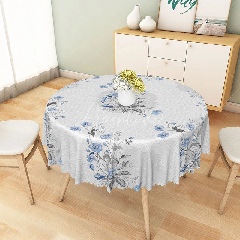 Aperturee - Aperturee Blue Wildflower and Grey Leaf Pattern Round Tablecloth Elegant Minimalist Kitchen Decor