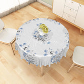 Aperturee - Aperturee Blue Wildflower and Grey Leaf Pattern Round Tablecloth Elegant Minimalist Kitchen Decor