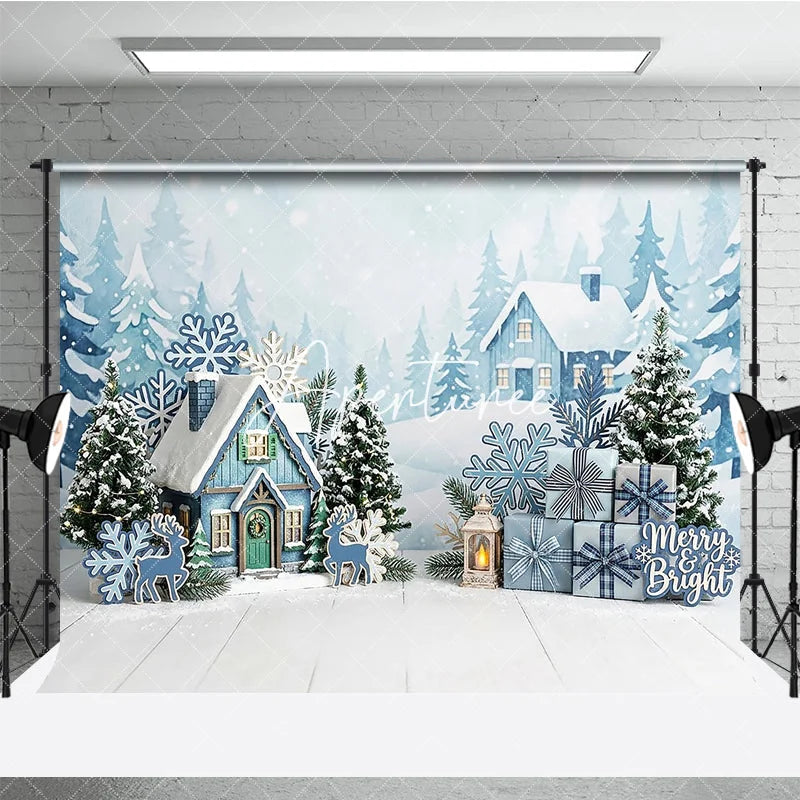 Aperturee - Aperturee Blue Winter Village Snowy Houses Photography Backdrop with Pine Trees Snowflakes and Christmas Gifts for Holiday Party