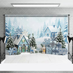 Aperturee - Aperturee Blue Winter Village Snowy Houses Photography Backdrop with Pine Trees Snowflakes and Christmas Gifts for Holiday Party