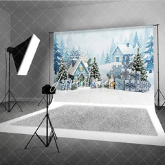 Aperturee - Aperturee Blue Winter Village Snowy Houses Photography Backdrop with Pine Trees Snowflakes and Christmas Gifts for Holiday Party