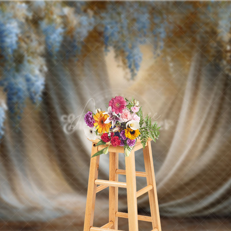 Aperturee - Aperturee Blue Wisteria and Gold Fabric Photography Backdrop Painterly Floral Drapes Elegant Maternity Photo Background