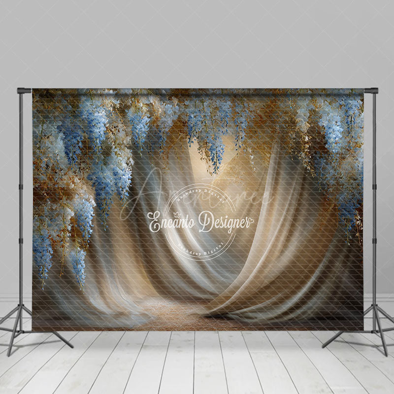 Aperturee - Aperturee Blue Wisteria and Gold Fabric Photography Backdrop Painterly Floral Drapes Elegant Maternity Photo Background
