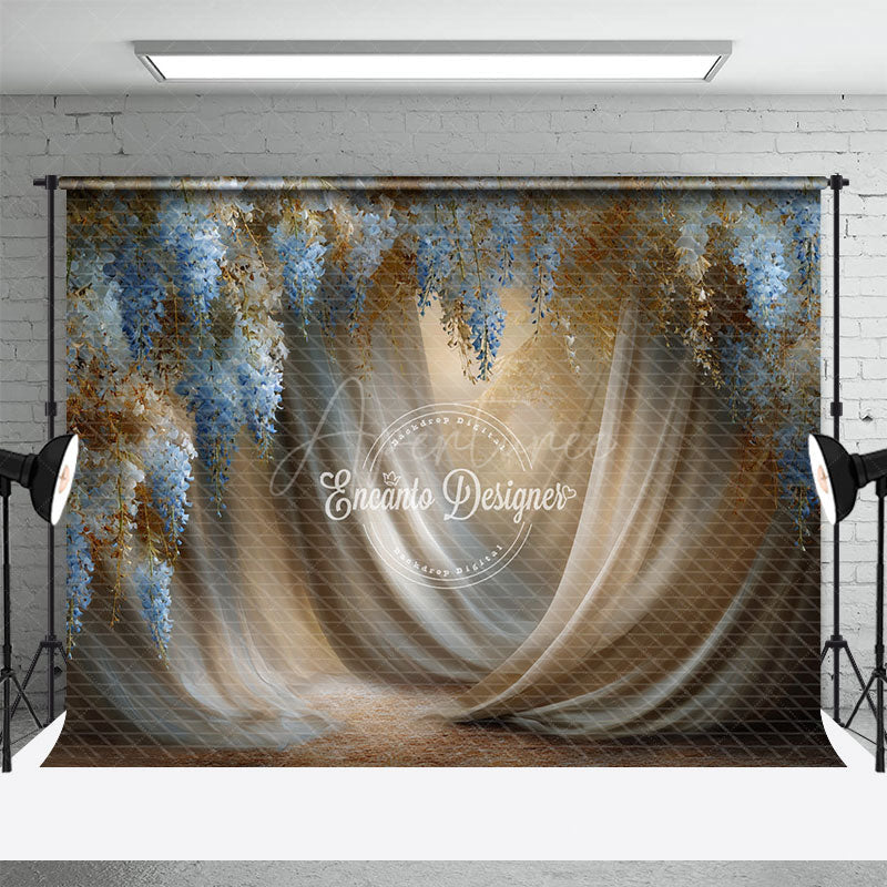 Aperturee - Aperturee Blue Wisteria and Gold Fabric Photography Backdrop Painterly Floral Drapes Elegant Maternity Photo Background