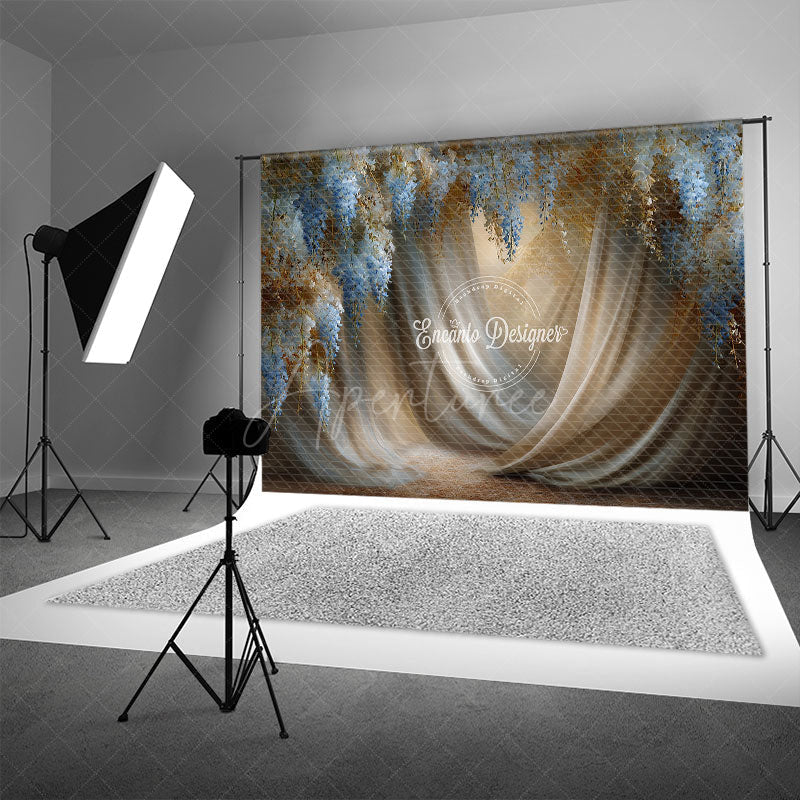 Aperturee - Aperturee Blue Wisteria and Gold Fabric Photography Backdrop Painterly Floral Drapes Elegant Maternity Photo Background