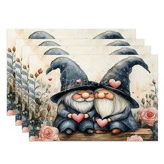 Aperturee - Aperturee Blue Wizard Hat Gnome Set of 4 Placemats Pink Rose Valentine Decoration Rustic Watercolor Dining Table Mat