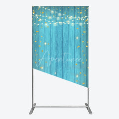 Aperturee - Aperturee Blue Wooden Plank Rectangle Arch Backdrop with Golden Glitter and String Lights Festive Party Decor.