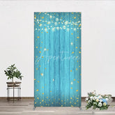 Aperturee - Aperturee Blue Wooden Plank Rectangle Arch Backdrop with Golden Glitter and String Lights Festive Party Decor.