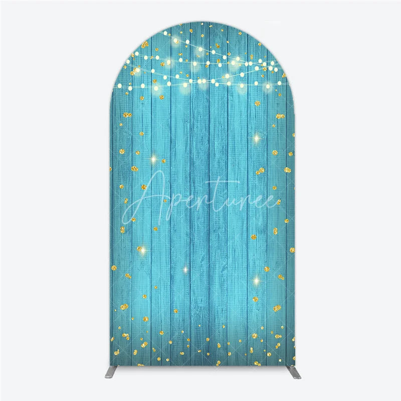 Aperturee - Aperturee Blue Wooden Texture Golden Glitter and String Lights Round Top Arch Backdrop Festive Celebration Party Decor