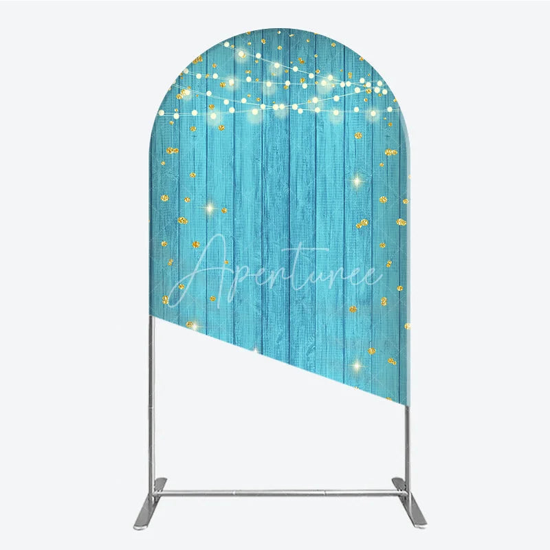 Aperturee - Aperturee Blue Wooden Texture Golden Glitter and String Lights Round Top Arch Backdrop Festive Celebration Party Decor