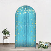 Aperturee - Aperturee Blue Wooden Texture Golden Glitter and String Lights Round Top Arch Backdrop Festive Celebration Party Decor