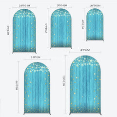 Aperturee - Aperturee Blue Wooden Texture Golden Glitter and String Lights Round Top Arch Backdrop Festive Celebration Party Decor