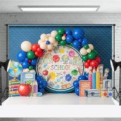 Aperturee - Aperturee Blue World Map Back To School Backdrop Apple Books Pencil Sharpener Balloon Background Boy Student Photography