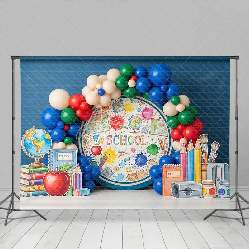 Aperturee - Aperturee Blue World Map Back To School Backdrop Apple Books Pencil Sharpener Balloon Background Boy Student Photography