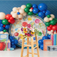 Aperturee - Aperturee Blue World Map Back To School Backdrop Apple Books Pencil Sharpener Balloon Background Boy Student Photography