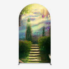 Aperturee - Aperturee Blurry Blue Stairs Greenery Scenery Arch Backdrop