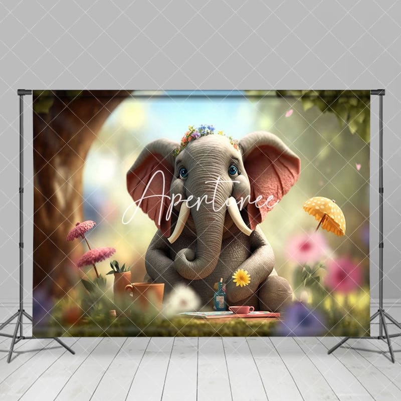 Aperturee - Aperturee Blurry Cute Elephant Grass Floral Spring Backdrop