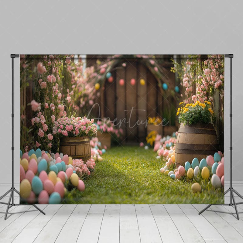 Aperturee - Aperturee Blurry Wood Door Green Lawn Egg Easter Photo Backdrop