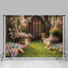 Aperturee - Aperturee Blurry Wood Door Green Lawn Egg Easter Photo Backdrop