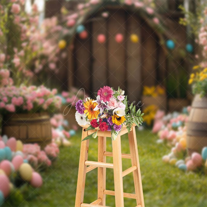 Aperturee - Aperturee Blurry Wood Door Green Lawn Egg Easter Photo Backdrop