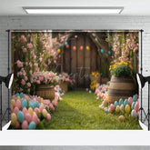 Aperturee - Aperturee Blurry Wood Door Green Lawn Egg Easter Photo Backdrop